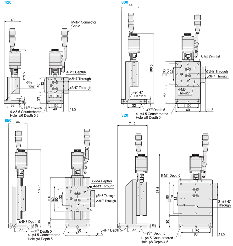 Dimensional Drawing of MISUMI Economy Series Automatic Z-axis Linear Ball Guide Type Positioning Stage C-ZMBS Series