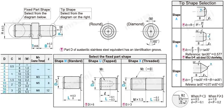 Locating Pins Shouldered, Tip Shape Selectable, Dimensional Drawing