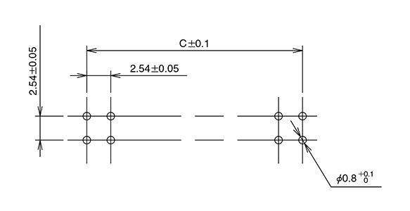 Recommended circuit board dimensional drawing for right-angle type pin headers
