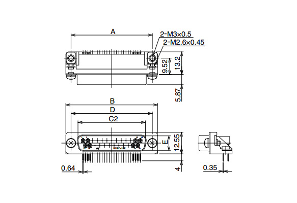 Outline drawing *Diagram shows RDBD-25P(55), Panel mounting screws: M2.6 × 0.45 (metric thread), Ground terminal (PCB mounting): M3 × 0.5