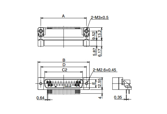 Outline drawing *Diagram shows RDBD-25P-LN(55), Rectangular mating threaded holes: M2.6 × 0.45 (for metric thread), Ground terminal (PCB mounting): M3 × 0.5