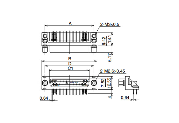 Outline drawing *Diagram shows RDBD-25S-LNA(55), Hexagonal-mating threaded holes: M2.6 × 0.45 (for metric thread), Ground terminal (PCB mounting): M3 × 0.5