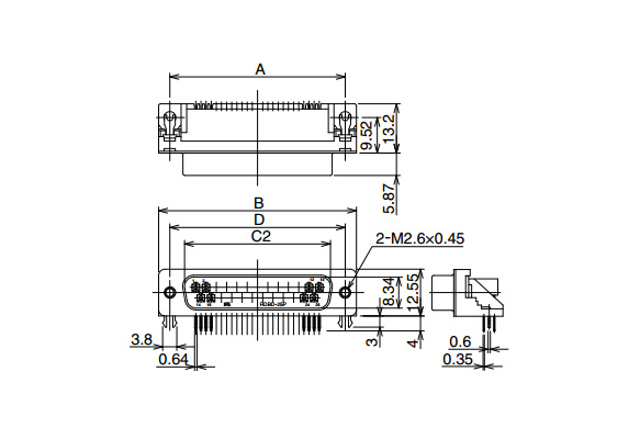 Outline drawing *Diagram shows RDBD-25PE1/M2.6(55), Hexagonal mating screw: not provided (dedicated lock screws can be selected based on application), Grounding device (PCB mounting part): with simple locking pin to temporarily lock PCB, Compatible PCB thickness: 1.6 mm, Note: HD-LN threads cannot be used.