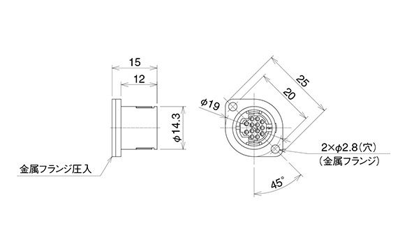 Dimensional drawing of receptacle (flange type / crimp type) (representative image)
