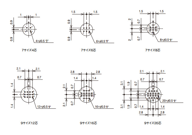 Receptacle DIP post configuration dimensions / Size 7, 4-conductors / Size 7, 6-conductors / Size 7, 8-conductors / Size 9, 12-conductors / Size 9, 16-conductors / Size 9, 20-conductors