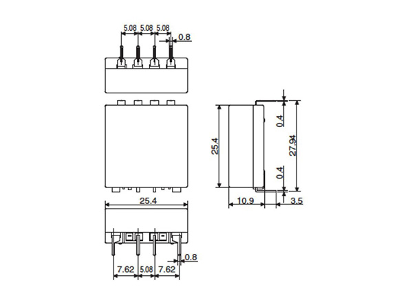 Dimensional drawing of flat type printed circuit board terminal 2c