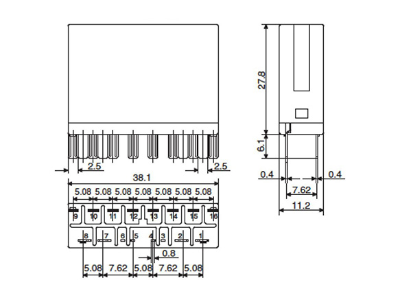 Dimensional drawing of flat type printed circuit board terminal 4c