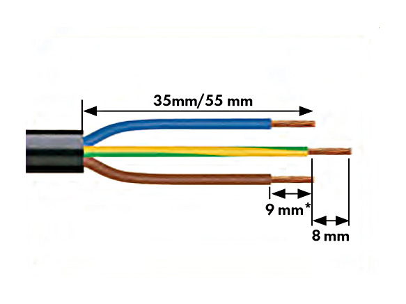 1. Stripping length of the sheath = 35 mm (2-position), 55 mm (3- to 5-position); Caution: This is a reference value. Adjust the length depending on the type of cable. 2. Stripping length of the conductor = 9 mm* *13 mm for ø3.4 to ø4.1 mm in cable coating outer diameter; 3. Length of the ground wire extension = 8 mm
