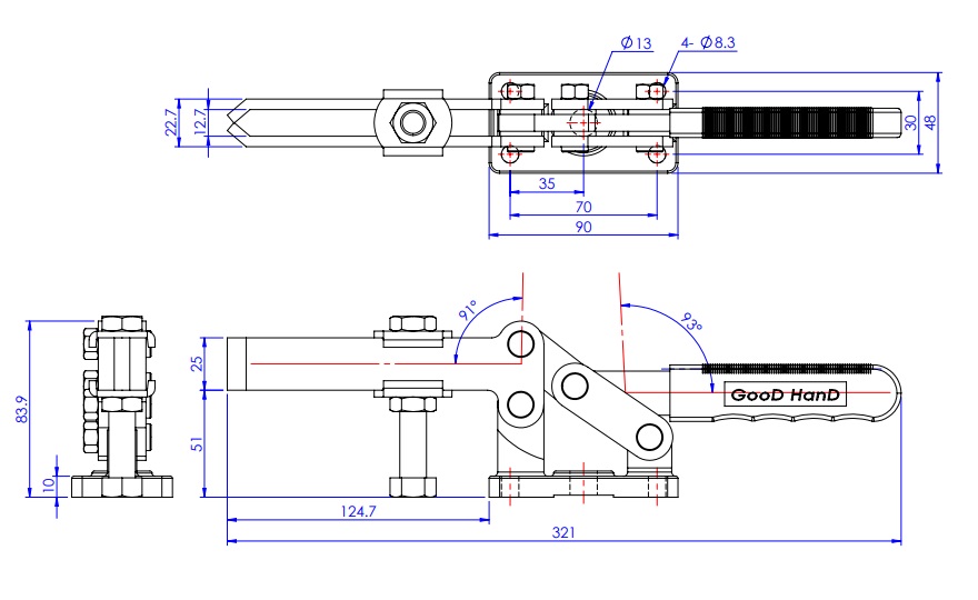 Toggle Clamp - Horizontal - Long Slit Arm (Ductile Cast Iron Base) GH-204-GL