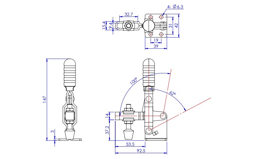 Toggle Clamp - Vertical-Handled - U-Shaped Arm (Flange Base) GH-101-D 