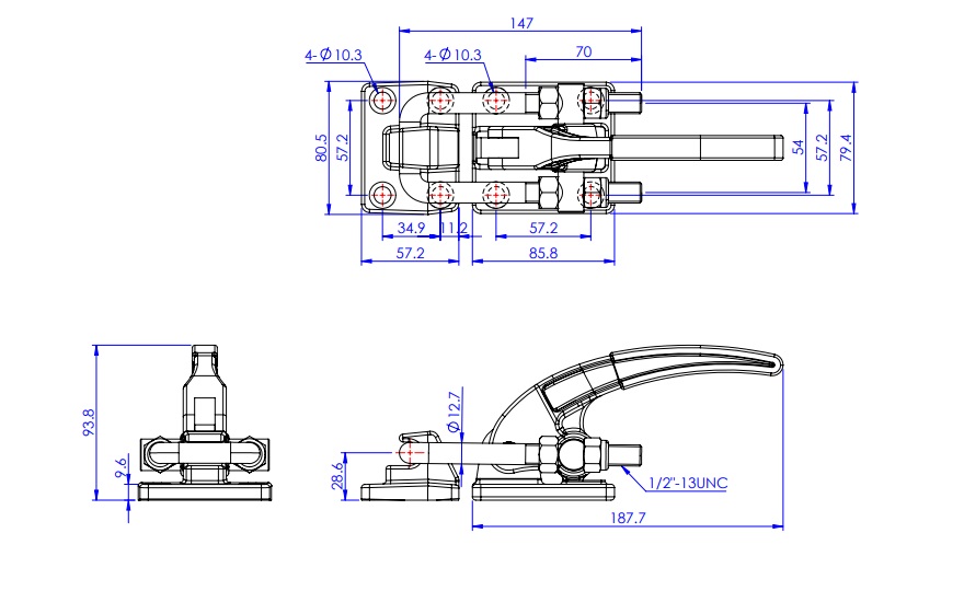 Toggle Clamp - Pull Action Type - Flanged Base U-Shaped Hook GH-40380/GH-40380-SS 