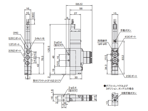 F15T valve specifications - dimensional drawing of F3 - PS , unit: mm