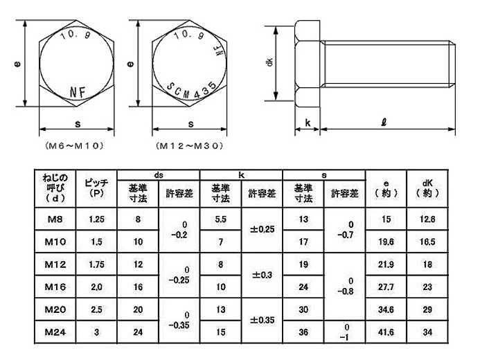 鋼 強度区分10.9 六角ボルト（全ねじ） 日本ファスナー製:関連画像